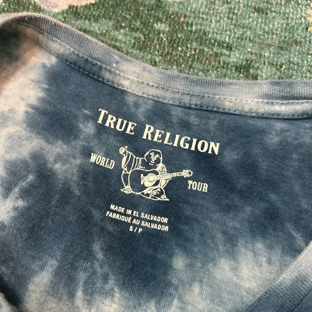 True Religion Men’s Ocean Waves Blue Tie Dye Buddha Tee Shirt Horseshoe Small